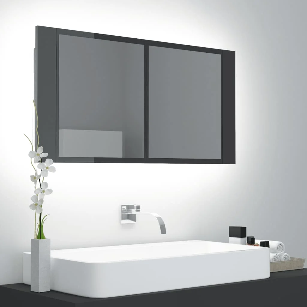 

LED Bathroom Cabinet with Mirror, Chipboard Mirror Cabinet, Bathroom Furntain High Gloss Grey 90x12x45 cm