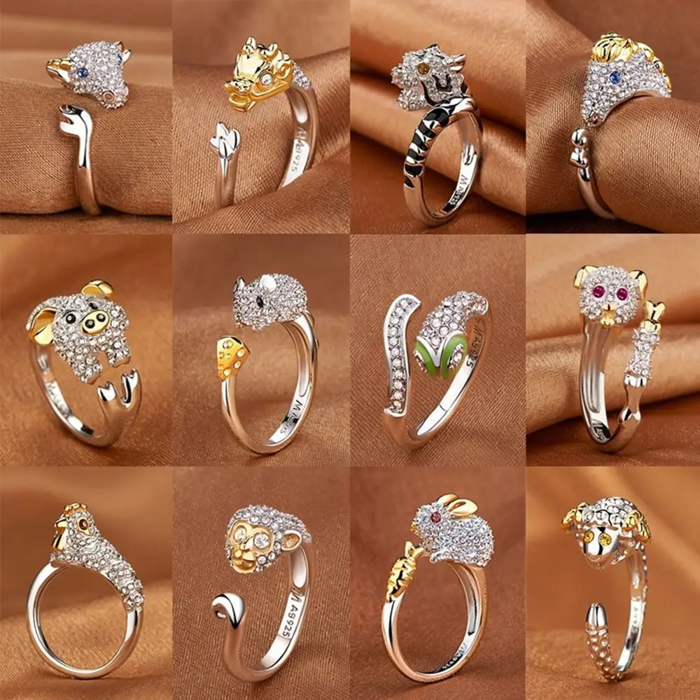 

1PC Luxury Chinese Style Animal Adjustable Ring Joint Opening Ring Women Girls Fashion Rabbit Dragon Tiger Diamond Rings Jewelry