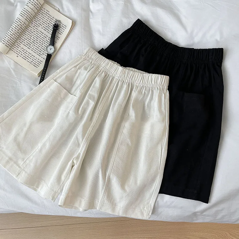 Elastic High Waist Solid  Large Pocket Casual Shorts Woman Summer 2023 New Cotton Breathable Korean Wide Leg Shorts All-match