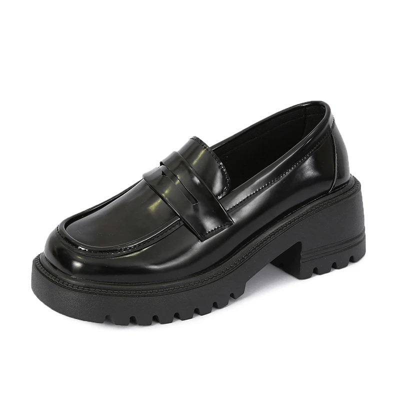 

Rimocy Black Patent Leather Loafers for Women British Style Thick Heel Platform Pumps Woman Slip on Round Toe Office Shoes Lady