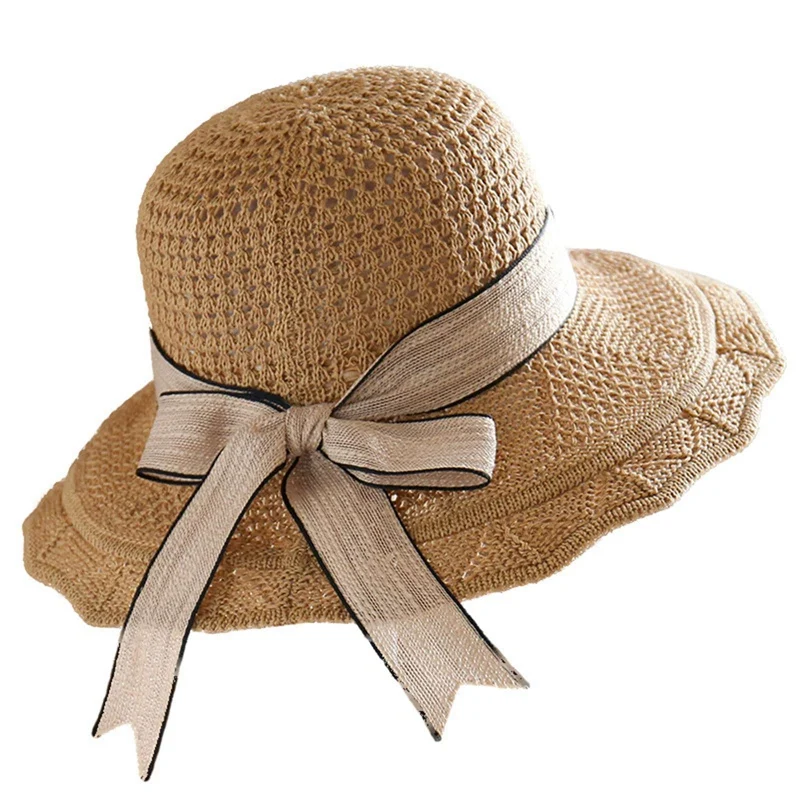 

2022 Summer Sun Hat Beach Knitted Hollow Out Hat Seaside Vacation Sunshade Foldable Big Brimmed Bow Dome Straw Hat