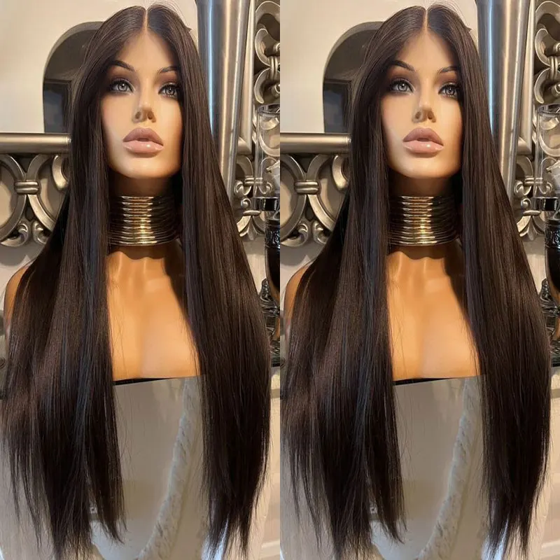 Темный коричневый цвет прямой синтетический 13x 4 кружевной передний парик