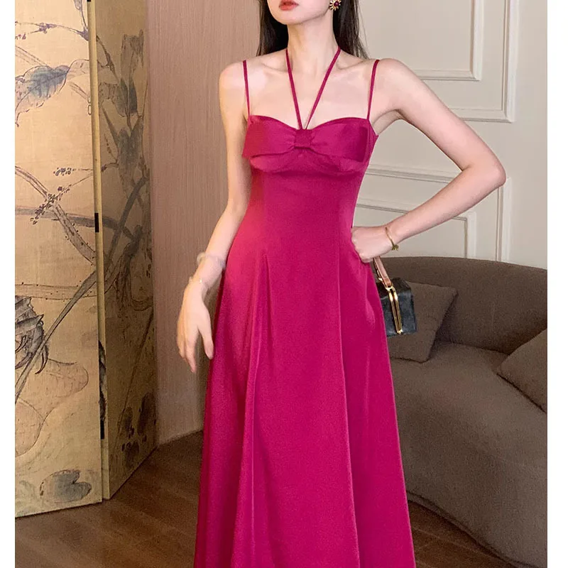 

Free Shipping 2023 [born C] New Chinese Style Retro Neck Sling Dress Women's Summer Bow Acetic Acid Long Dress/S-M-L