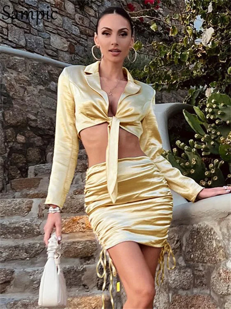 

Sampic Long Sleeve Crop Top And Bodycon Mini Skirt Two Piece Set 2022 Autumn Women Sexy Drawstring Skirt Set Party Clubwear