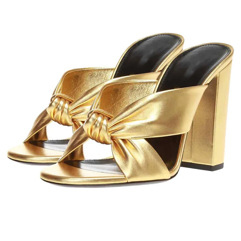 

Gold Cross Knot Slipper Woman genuine leather Peep Toe Chunky Heel Leoaprd Polka Dot Satin Summer slingback Sandals Shoes