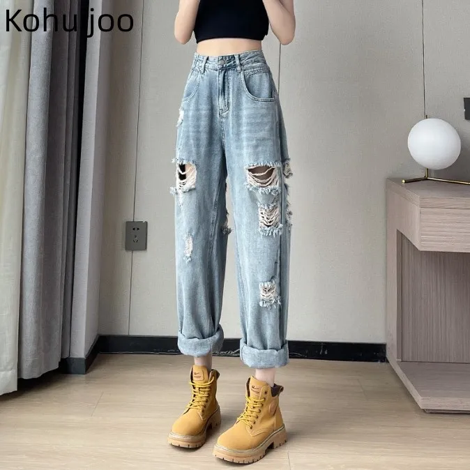 

Kohuijoo Light Blue Women's Jeans Summer High Waist Baggy Pants Woman Loose Ripped Hole Cuffs Harlan Denim Pants Ripped Trend