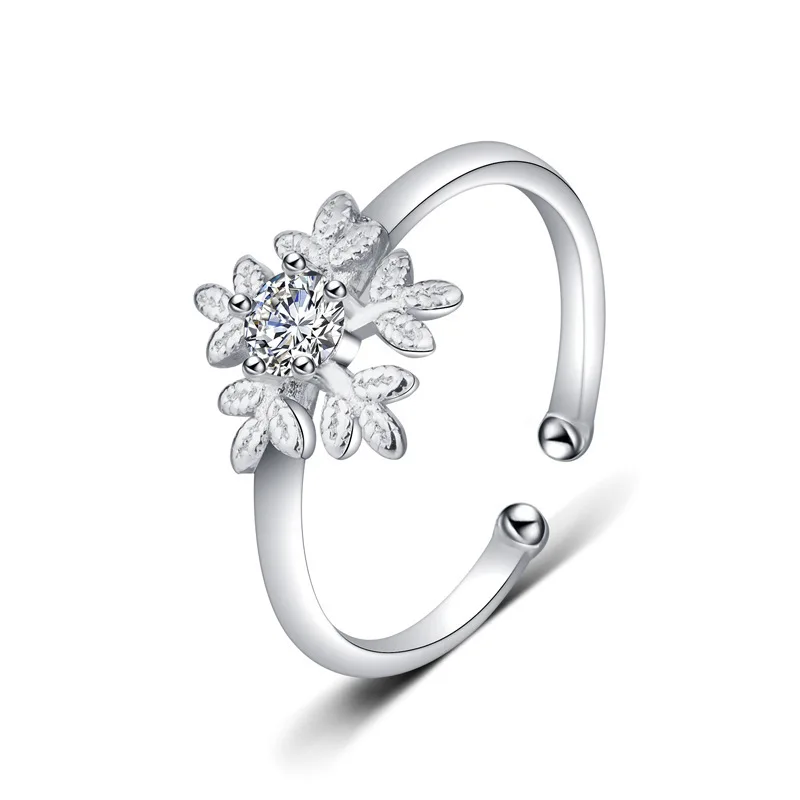 

925 Sterling Silver Korean Small Fresh Snowflake Ring for Women Open Zircon Ring Simple Sen Series Ring Index Finger Jewelry