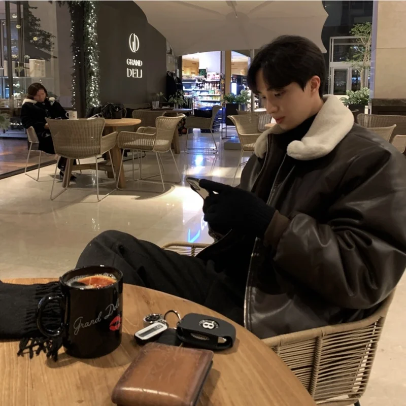 Winter Jacket Men Warm Fashion Coffee Black Thickened Leather Jacket Men Streetwear Korean Loose Short Coat Mens Parker Clothes