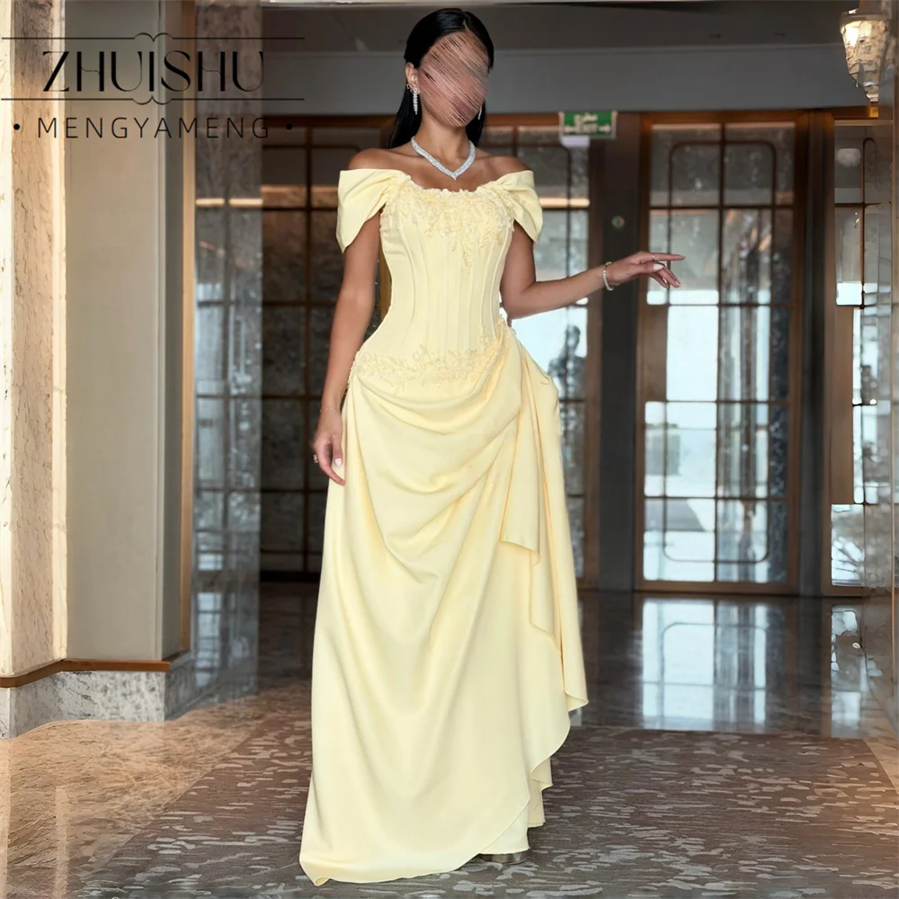 Фото Винтажное желтое плиссированное вечернее платье ZHUISHU фасона «русалка» с открытыми плечами, кружевное, с вырезом «лодочка», для вечеринок, на заказ. №1