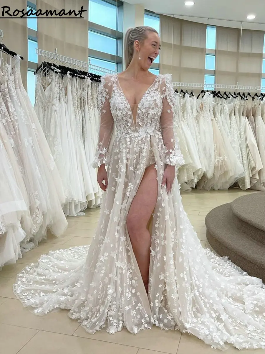 

Bohemian Illusion High Split Wedding Dresses A-Line V-Neck Long Sleeve 3D Flower Lace Boho Bridal Gown