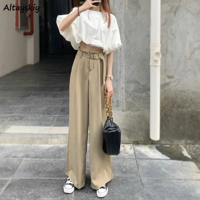 

Casual Pants Women Baggy with Sashes Elegant Vintage Trousers All-match High Waist Wide Leg Pantalones De Mujer College Stylish