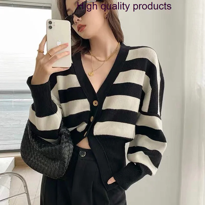

Striped Women Sweater Autumn Winter New Korean Fashion Slim Basic Tops Soft Knitted Long Sleeve Button V Neck Sweaters Cardigan