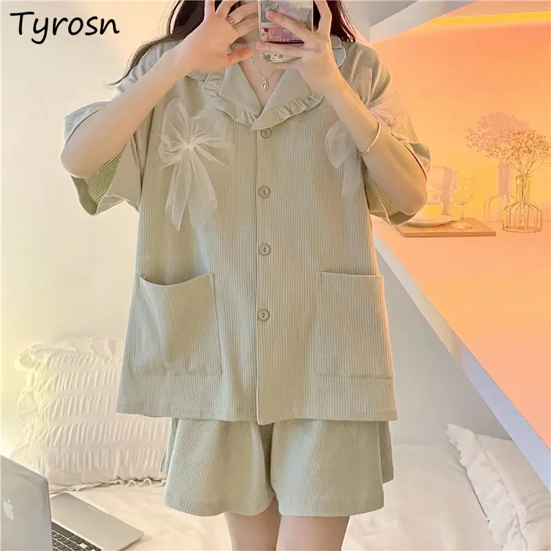 

Pajama Sets Women Bow Sweet Japanese Style Female Ruffles Design Soft Leisure New Breathable Summer Sleepwear Pockets Creativity