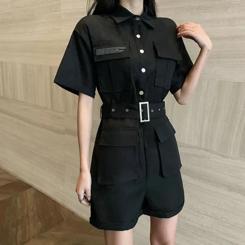 Women Casual High Waist Loose Black Romper Female Fashion Button Wide-leg High Street Cargo Playsuits College Streetwear Short