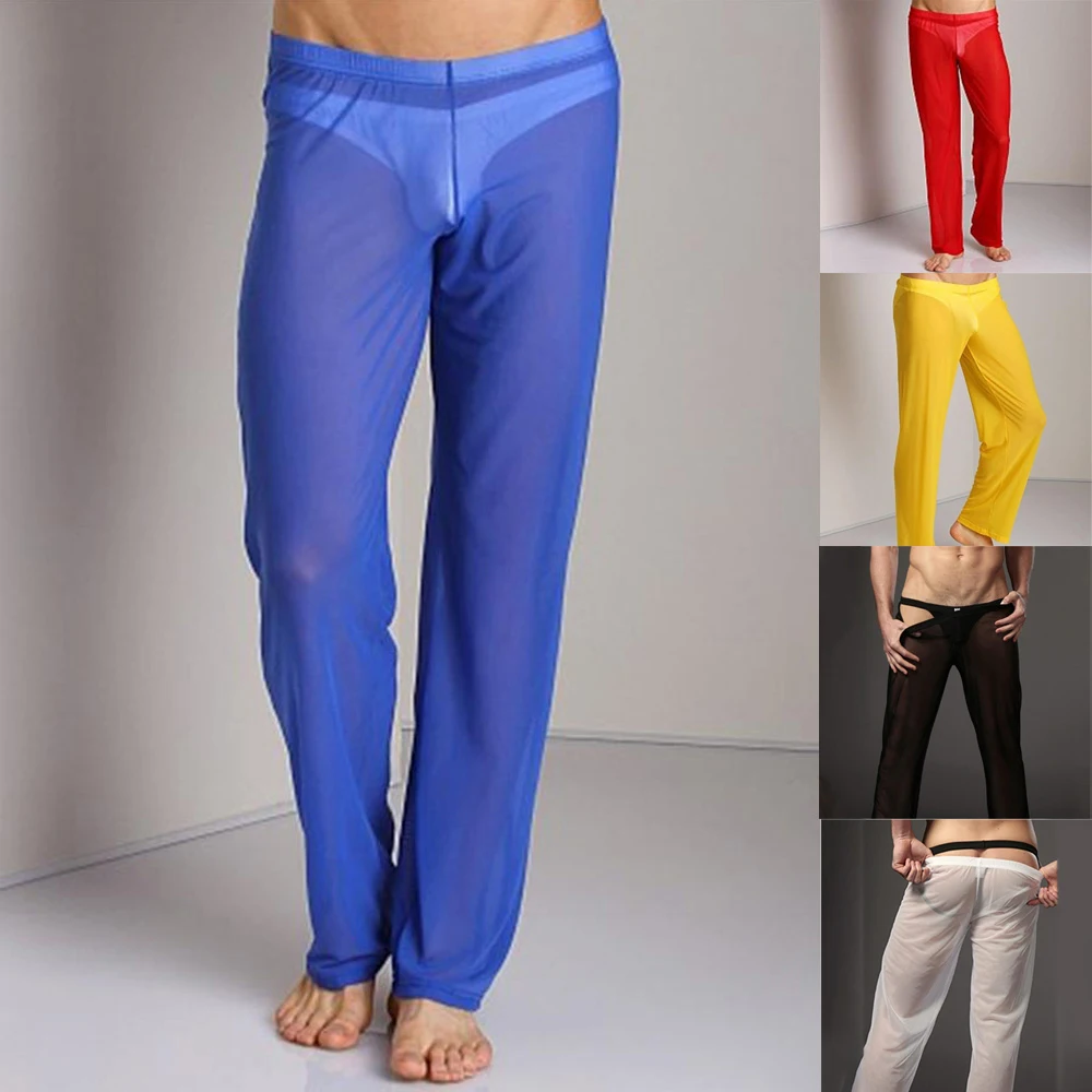 Men Exotic Pants Sheer Mesh See Through Loose Long Pants Sleepwear Comfort Trousers Soft Loose Pajama Pants M-XL 5 Colors Choose