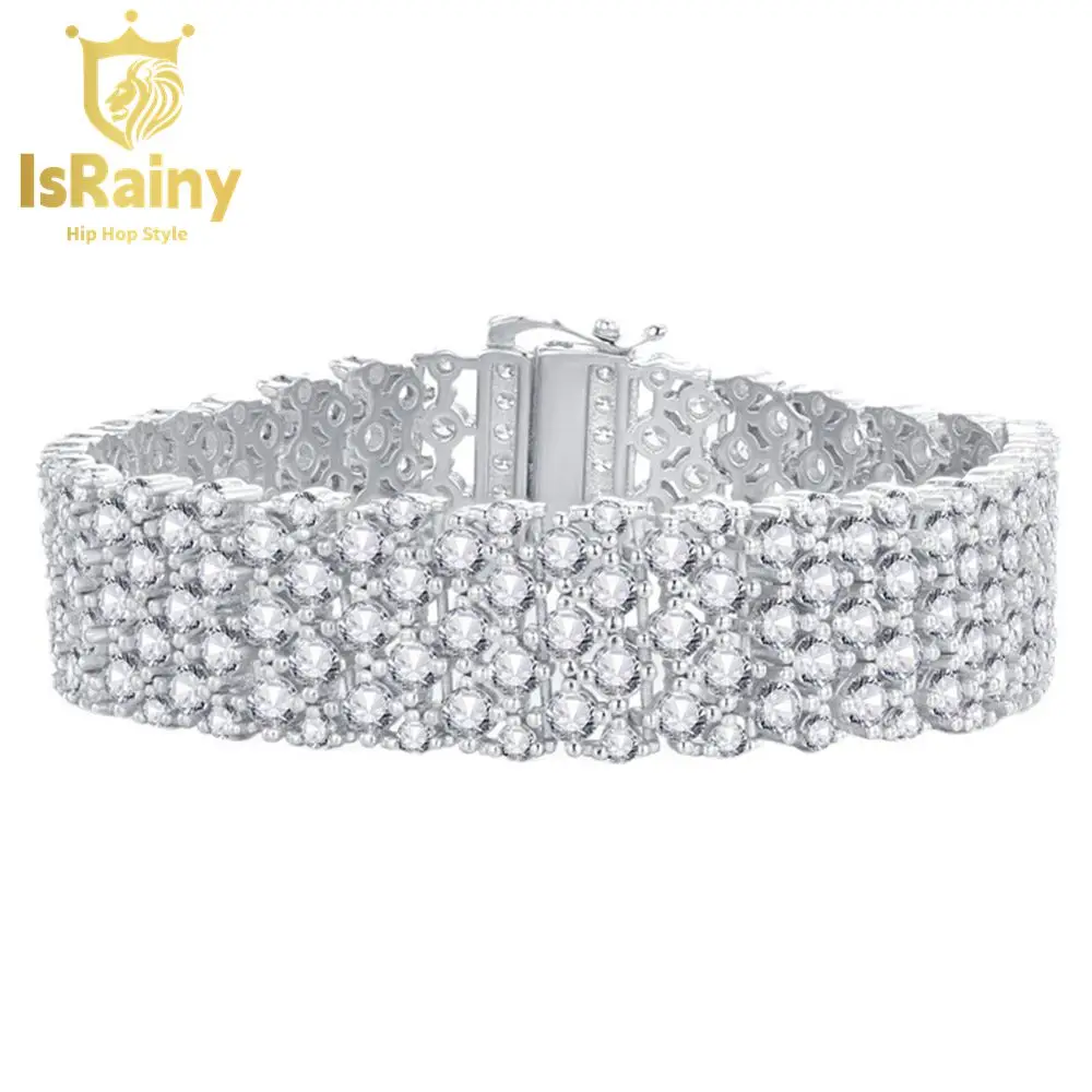 

IsRainy Hip Hop Rock 100% 925 Sterling Silver Round Cut High Carbon Diamonds Lab Sapphire Tennis Chain Bracelets Fine Jewelry