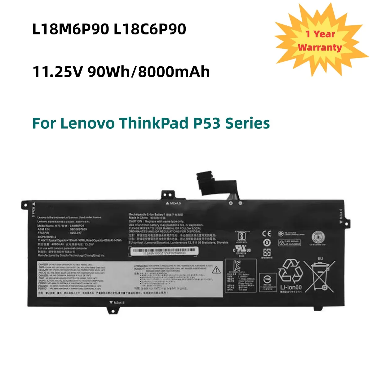 Аккумулятор L18M6P90 для ноутбука Lenovo ThinkPad P53 Series L18C6P90 02DL028 5B10W13901 SB10K97664 11 25 в 90 Вт/ч 8000