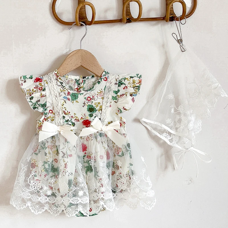 Lovely Princess Style Summer Baby Girls Clothes Infant Baby Girls Cotton Flying Sleeve Bodysuits Newborn Baby Girls Jumpsuit