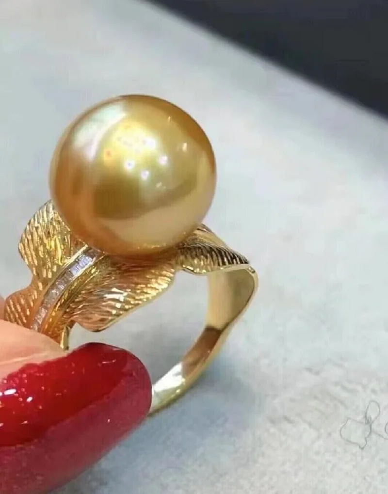 

NEW Huge AAAAA 10-11mm Genuine Natural South Sea Golden Round Pearl Ring 925s.*