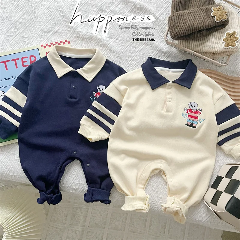 

Spring New Baby Clothes 0-2 Year Cotton Lapel British Gentleman Style Little Boys Rompers One Piece Blue Creeper Clothing