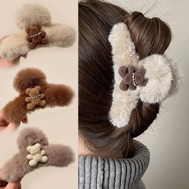 

Cute Plush Bear Hair Claw Clip for Women Girls Flocking Bows Camellia Hair Clips Headband Hairpin Hair Crab Hair Accessories