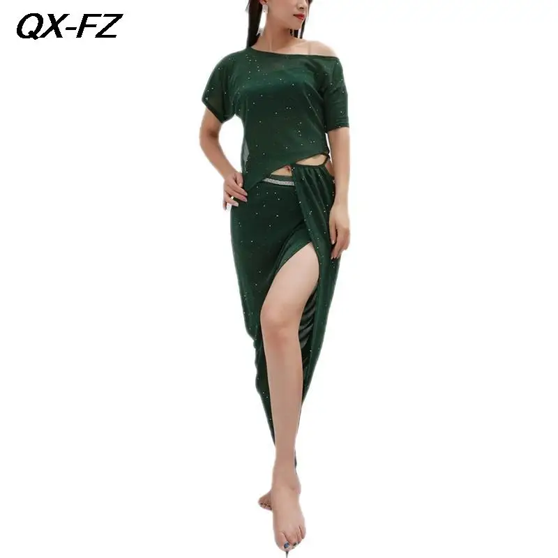 Элегантный женский танцевальный тренировочный костюм топ и юбка с разрезом для