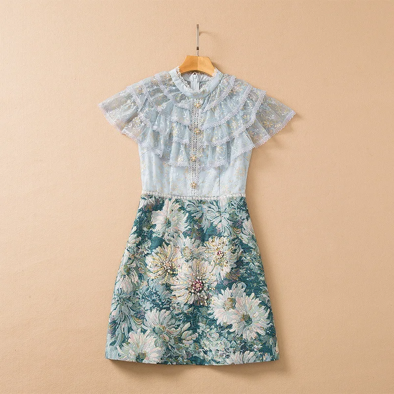 

Lace stitching jacquard skirt women's 2022 summer new 4-layer ruffle stand collar sequin rhinestone dress