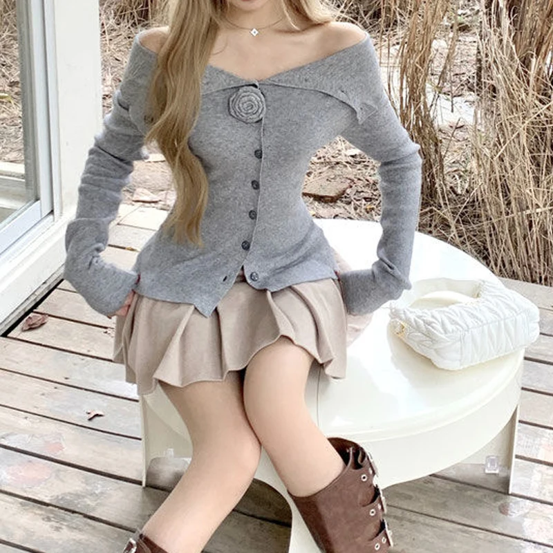 Женская одежда сексуальный вязаный кардиган с открытыми плечами и 3D цветком