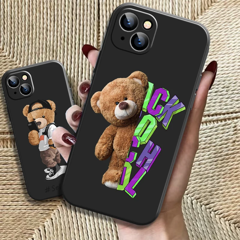 

Cute Fashion Bear For iPhone 13 12 11 Pro Max 13 12 Mini 5 5s 6 6S 7 8 Plus X XR XS Max Phone Case Black Carcasa Silicone Cover