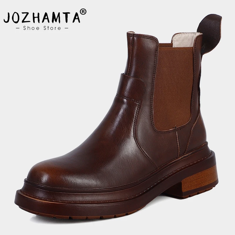 

JOZHAMTA Size 34-39 Ankle Boots Women Vintage Genuine Leather Thick Heels Winter Shoes Woman Elastic Platform Boots Trend 2024