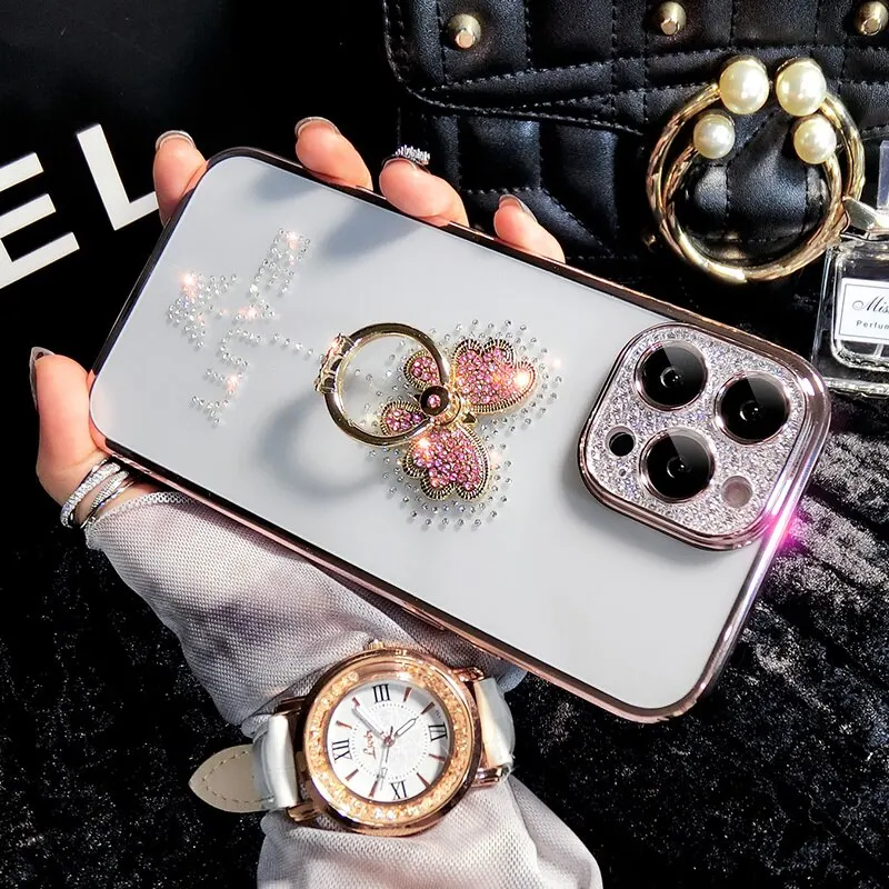 

Electroplated Butterfly 3D Ring Stand Phone Case For iPhone 14 13 12 11 Pro Max 14Plus Luxury Diamond Glitter Ultra Thin Cover