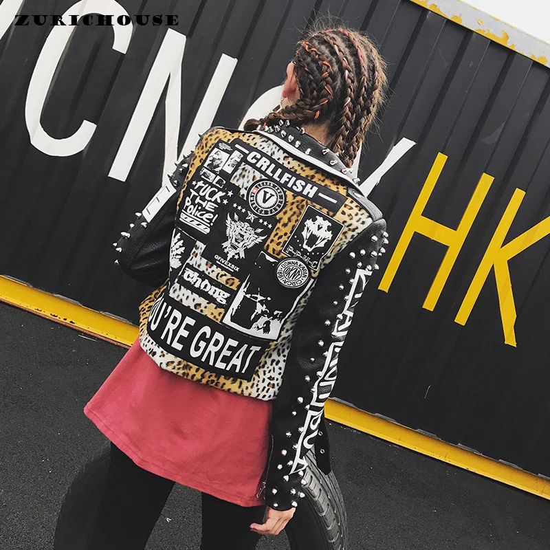 

Streetwear Fashion Womens Rivet Leopard Leopard Print Faux Leather Jacket 2023 New Arrival Punk Rock Short Zipper Biker Jacket