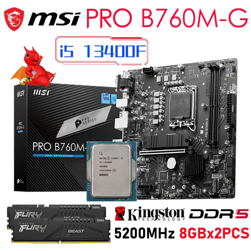 

MSI PRO B760M-G Motherboard Intel B760 DDR5 With Intel Core i5 13400F Processor CPU +Kingston RAM DDR5 5200MHz 8GBx2PCS Combo