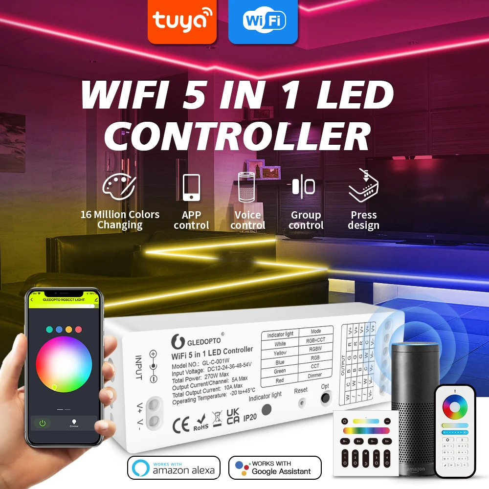 5 in 1 LED Wifi Controller Strip Light App/ RF Remote/ Alexa Voice Control Work with Tuya Smart Life No Gateway Require