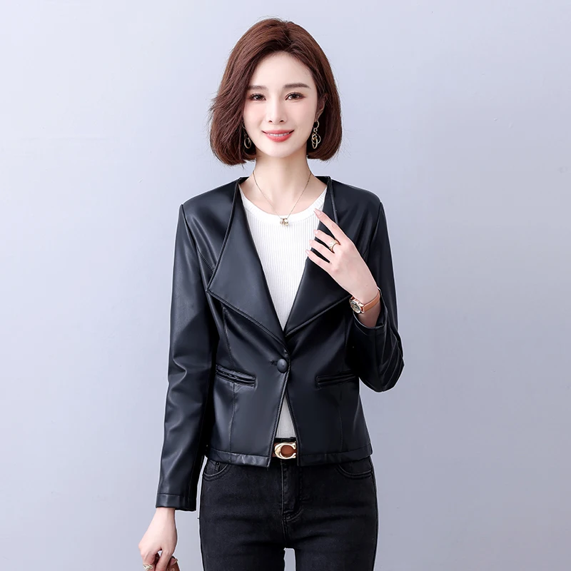 

Женский блейзер с большими лацканами и одной пряжкой, Куртки из искусственной кожи, с длинным рукавом, Повседневная модная верхняя одежда, весна, осень