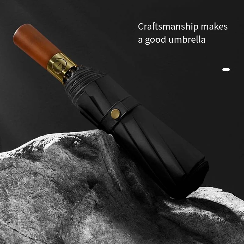 

Three-fold Fully Automatic Folding Umbrella High-end Solid Wood Handle Lettering Umbrella Home Accessories
