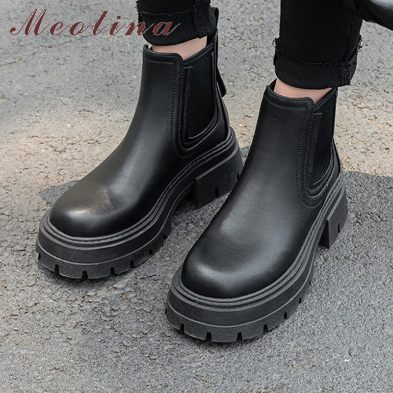 

Женские ботильоны из натуральной кожи Meotina, ботинки челси на платформе и толстом высоком каблуке, с круглым носком, модная осенне-зимняя обувь