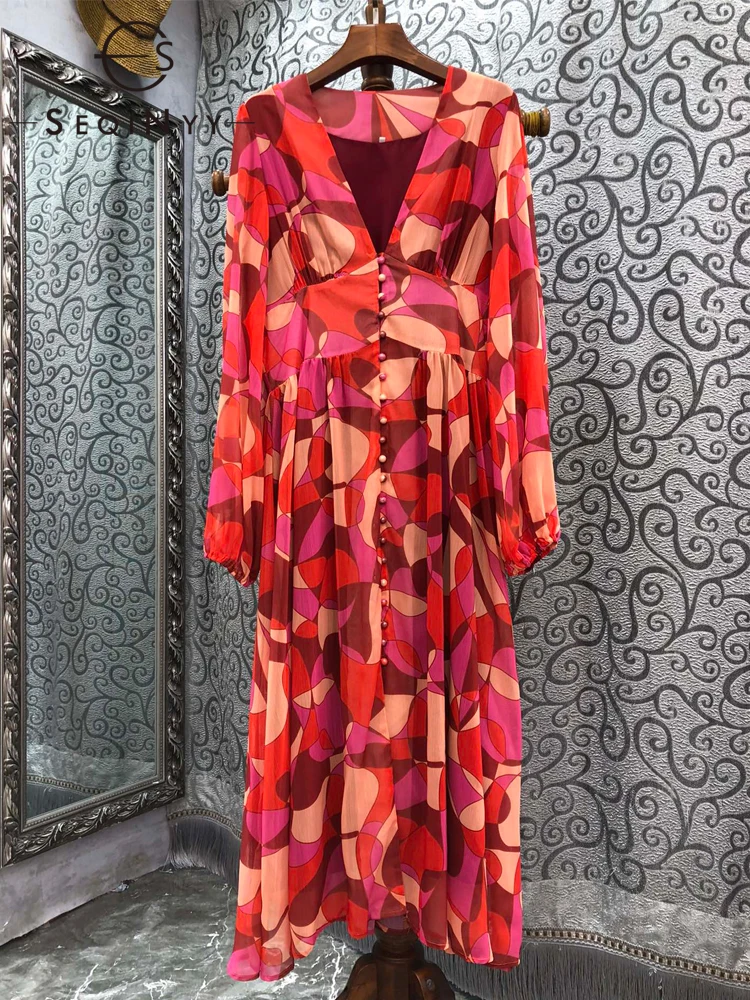 

SEQINYY Red Midi Dress Summer Spring New Fashion Design Women Runway High Street Flower Print Casual Button Elegant