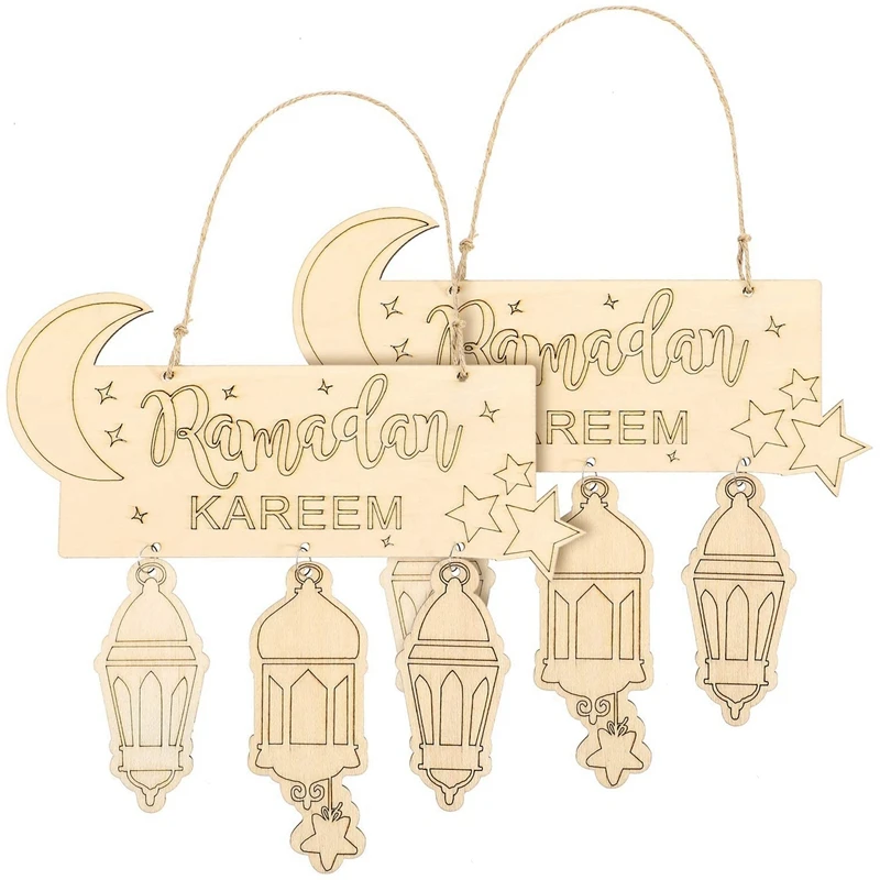 

2 Pieces Islam Ramadan Wooden Hanging Plaque Sign Lantern Pendant Ornament Wall DIY Home Decoration For Eid Ramadan