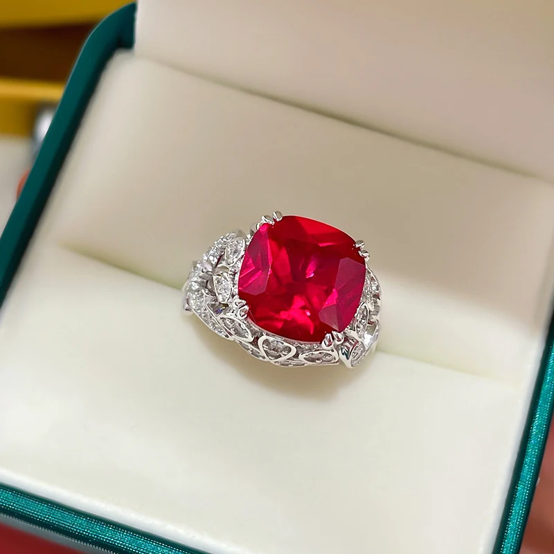

2021 new 925 sterling silver ring ruby inlaid 12*12 fat square luxury full diamond retro ring jewelry female 5A zircon