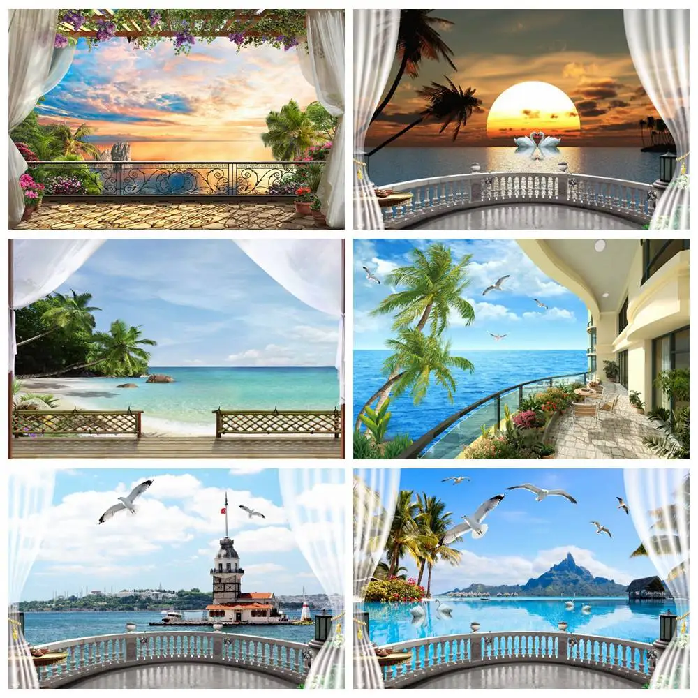 Viewing Platform Ocean Photography Backdrops Custom Tropical Blue Sea Beach Ships Curtain Holiday Party Studio Photo Backgrounds
