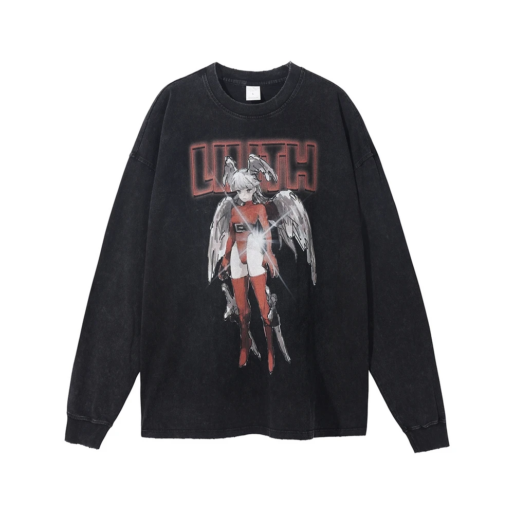 

Long Sleeve Distressed Frayed Neck Anime T-shirts for Men Women Oversize Japan Cartoon Harajuku Printed Graphic Tees Tops 2023