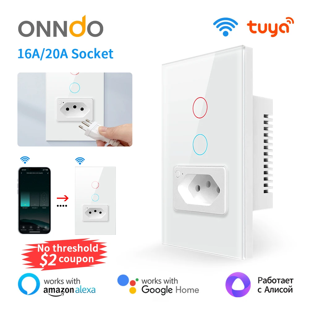 

ONNDO Tuya WiFi Wall Switch & Socket，Brazil Standard 4X2 Glass Panel 1/2 Buttons Smart Light Switch Works With Alexa Google Home