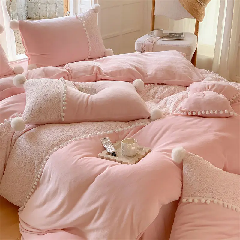 

Princess Style Thickened Warm Milk Fiber Four-Piece Set Double-Sided Plush Coral Fleece Girlish Heart Duvet Cover Bed Sheet Set