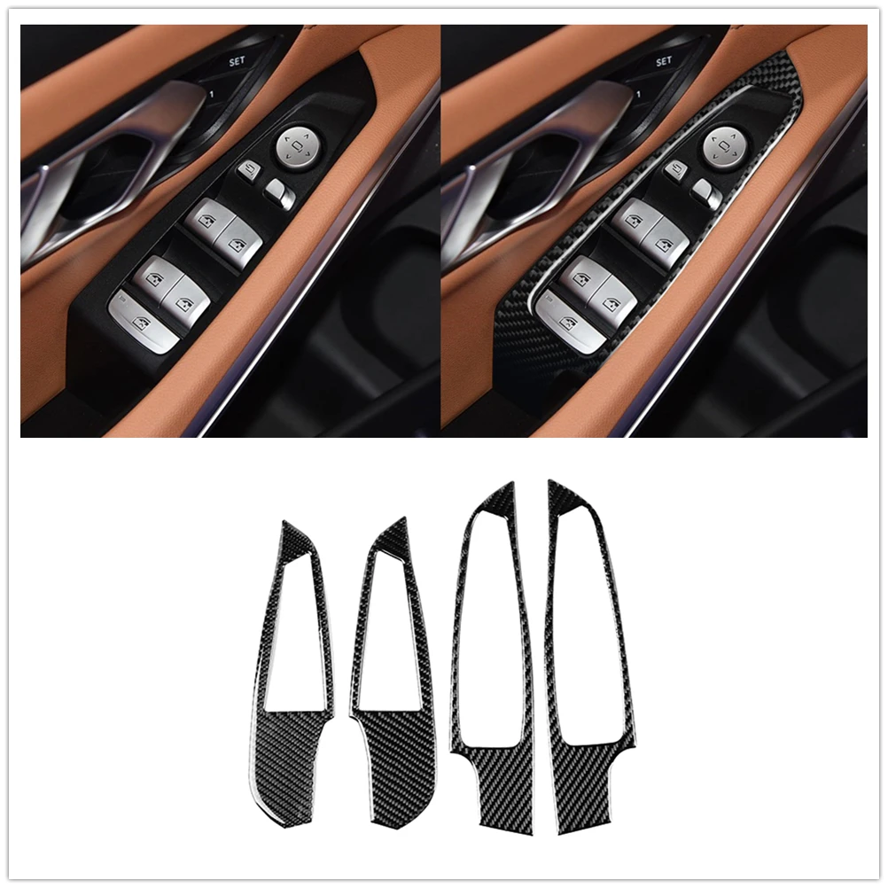 

4pcs Window Control Switch Panel Cover Trim For BMW 3 Series G20 2019-2020 Carbon Fiber Interior Control Button Frame Sticker