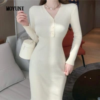 winter elegant knitted sweater dress women french vintage solid bodycon midi dress female korean style slim one piece dress 2021