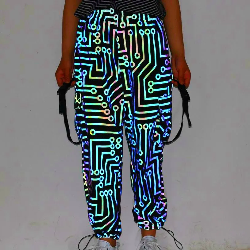 

TPJB New Women Pants Dazzling Reflective Work Trousers Ins Female Nightclub Hip Hop Trousers Circuit Print Chinos