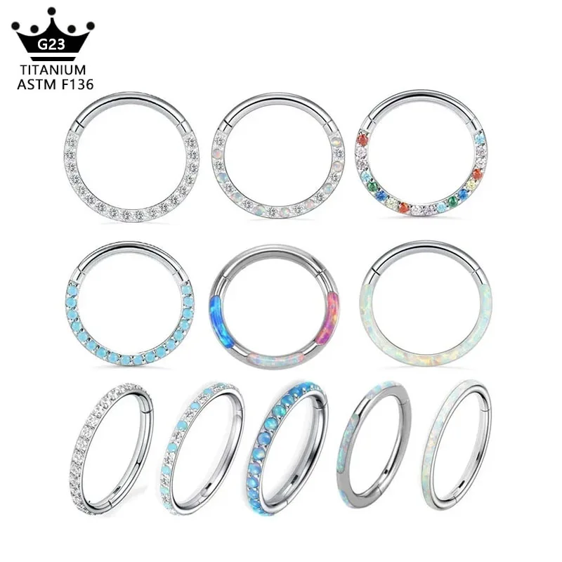 50pcs/Lot ASTM F136 G23 Titanium Opal Segment Nose Rings Zircon Daith Septum Hoop Clicker Earrings Helix Piercing Stud 16G
