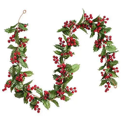 

Искусственная гирлянда, ветки с красной планкой, зеленые, оставляют праздничное украшение для рождественской елки, каминная штора,