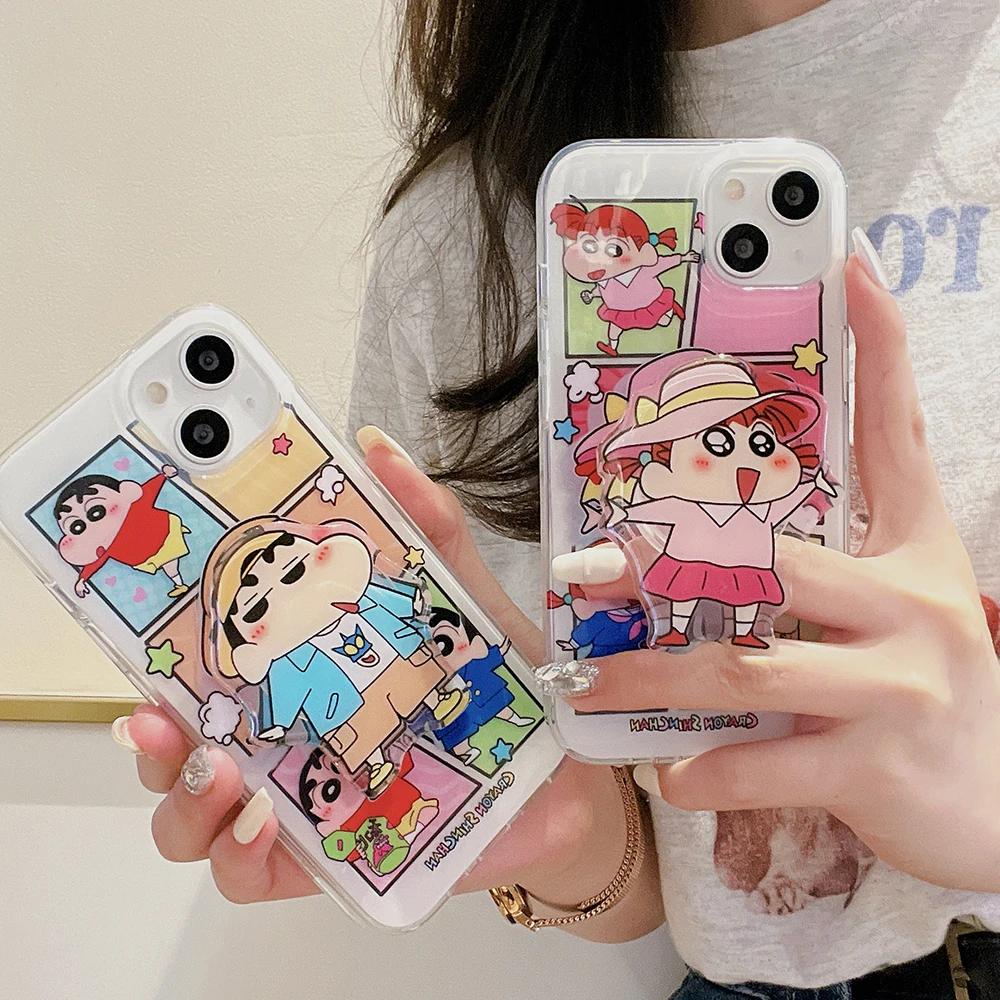 

Cartoon Crayons Shin-chans with Bracket Phone Case for IPhone 14 13 12 11 Pro Max Plus 14 Pro Transparent Anti-fall Back Cover